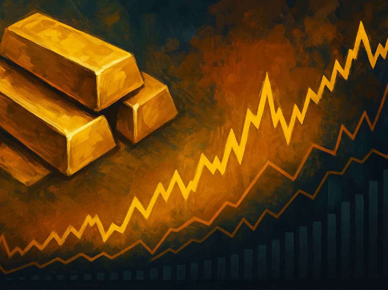 Abstract gold and dollar illustration showing tension between strong U.S. dollar and record gold momentum