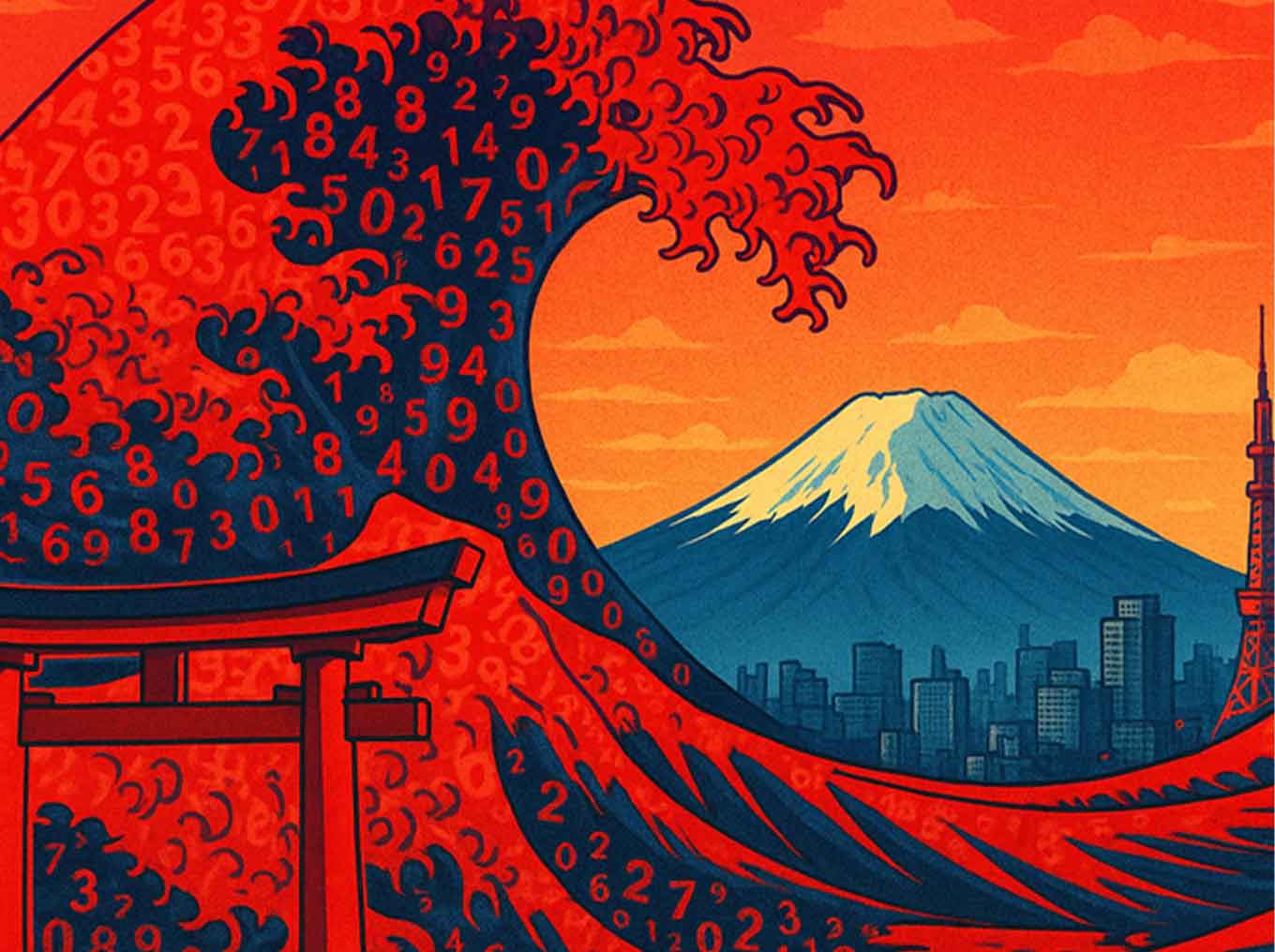 Bright Japanese cityscape with Mount Fuji and a towering red wave of numbers symbolizing Japan’s rising debt risk.