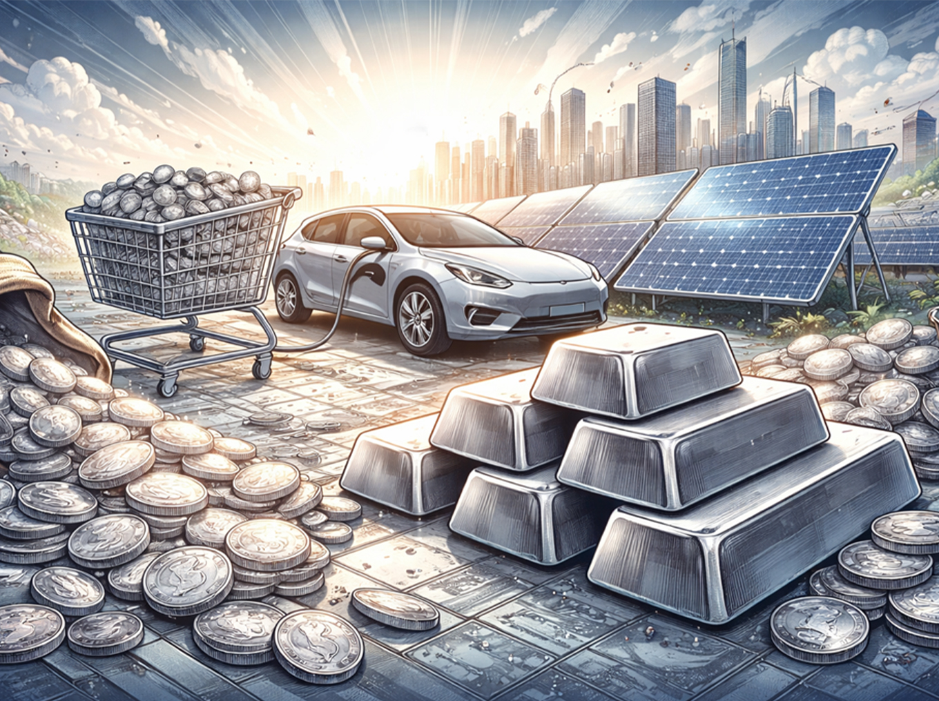Silver bars and coins with clean energy demand