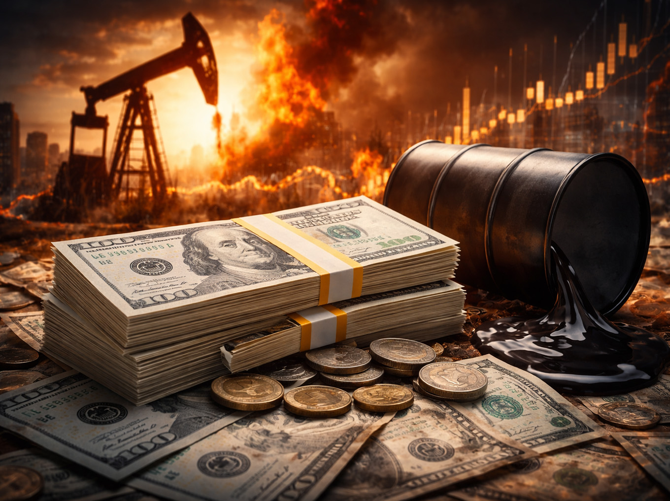 U.S. dollar bills and coins beside a spilled oil barrel, with an oil pumpjack and rising market-style chart in the background, symbolizing the relationship between oil shocks, money supply, and inflation.
