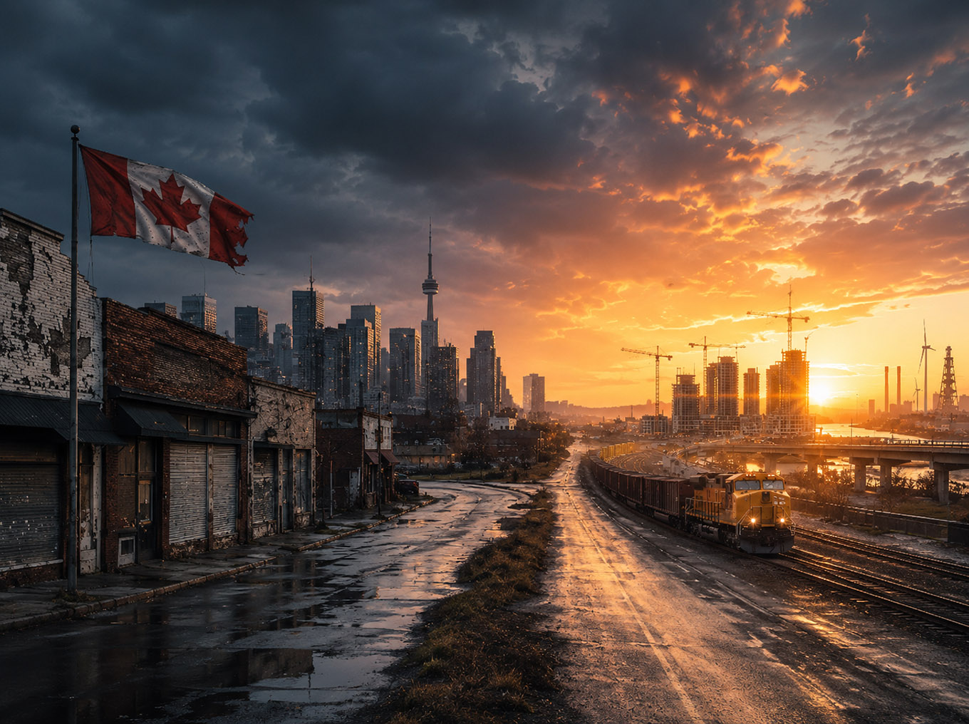 Canadian flag overlooking shuttered storefronts, rail lines, construction cranes, and a city skyline symbolizing Canada’s economic crossroads