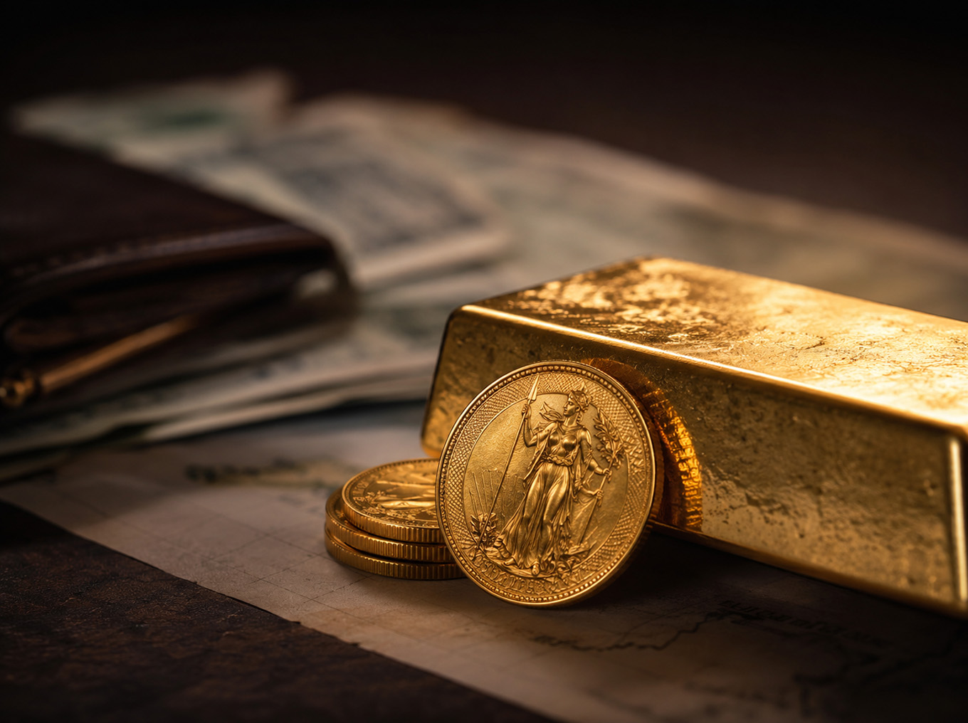 Gold bar and gold coins on financial papers with blurred paper currency in the background, representing gold as real money outside the credit system.