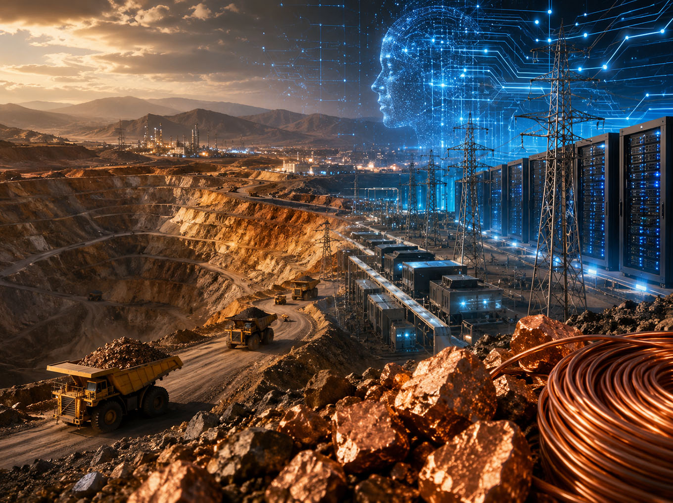 Open-pit copper mine, power lines and data center infrastructure showing how AI growth depends on mining, energy and critical minerals.