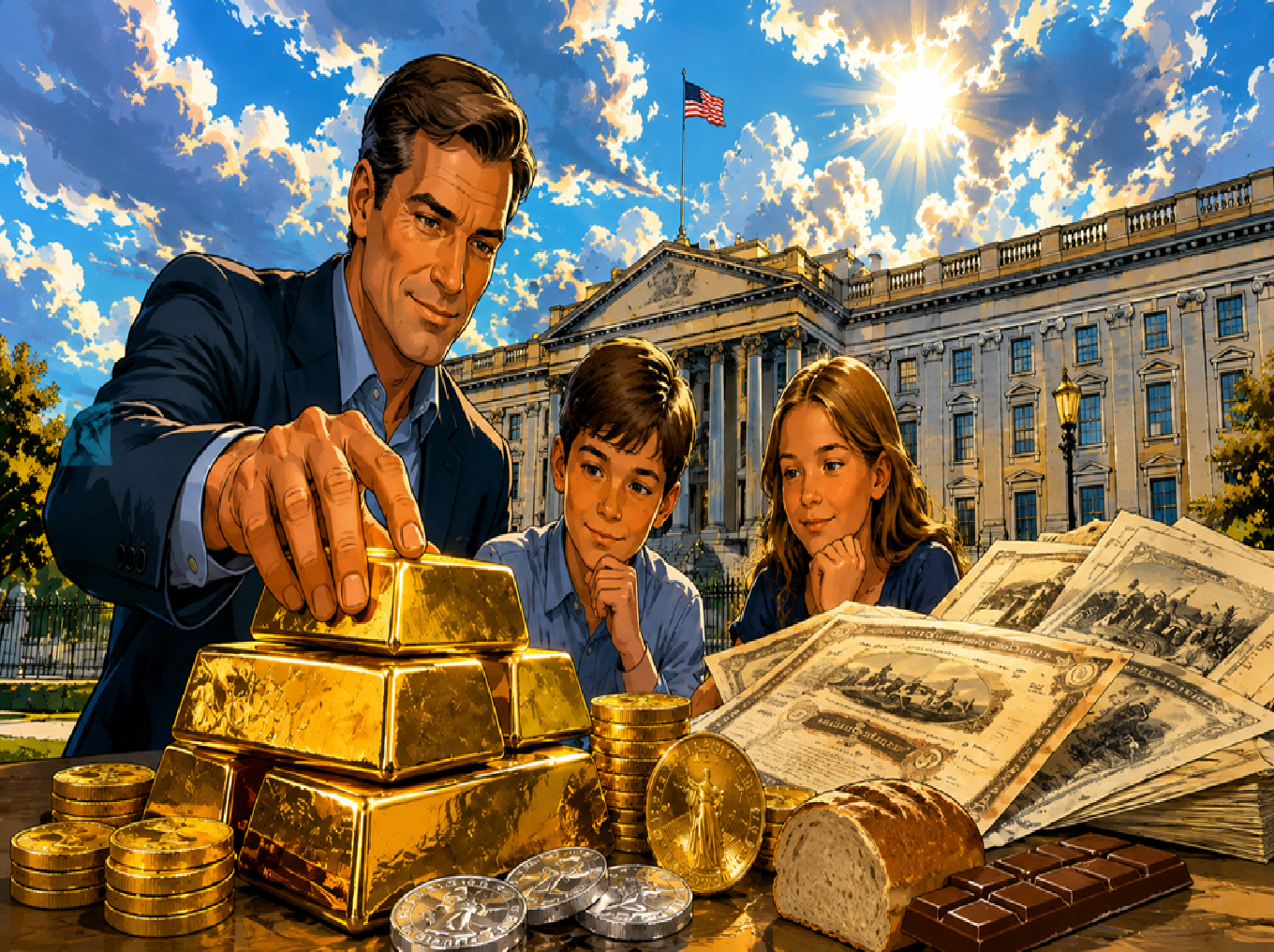 Family choosing gold over paper money and food