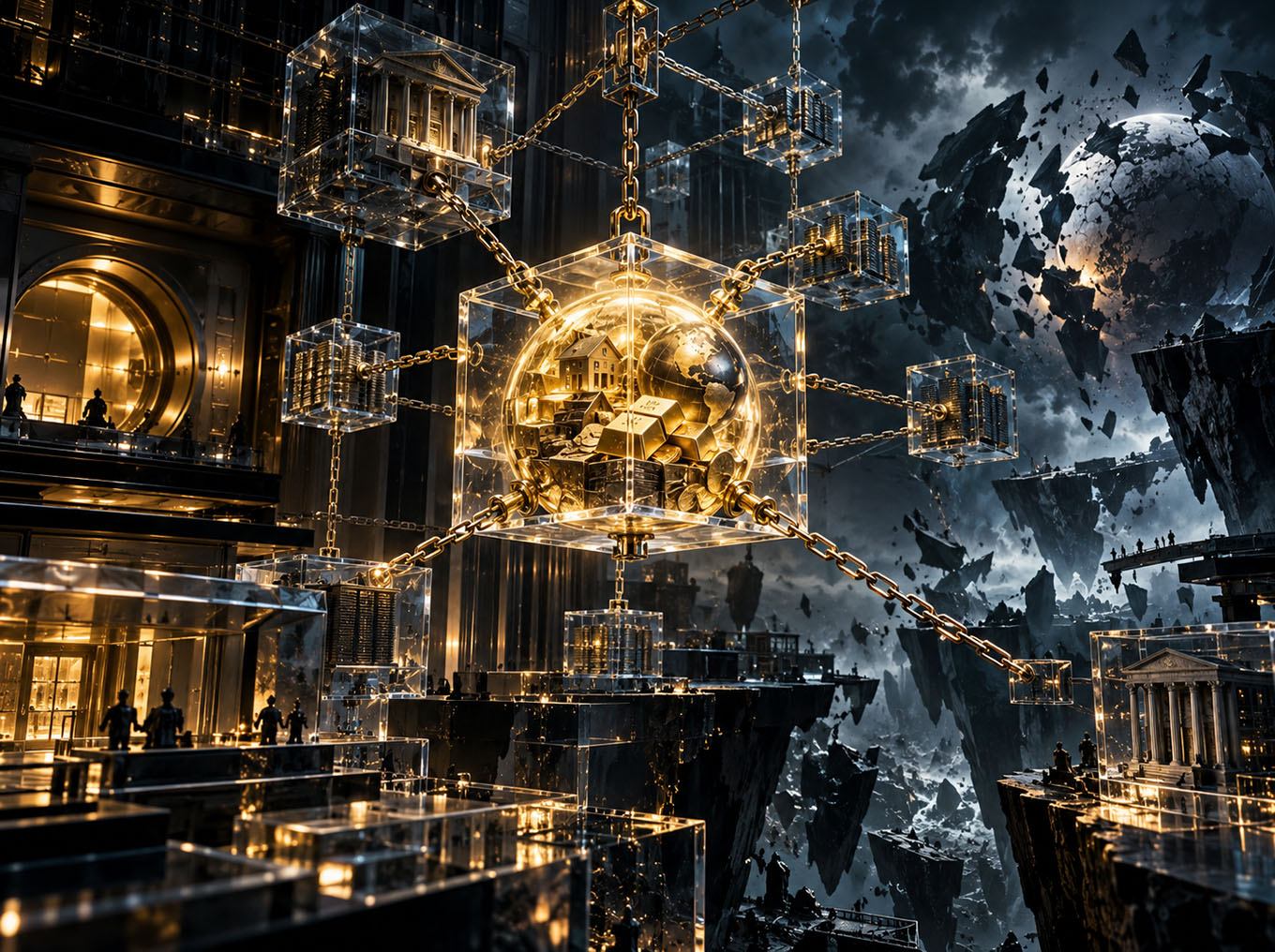 Cinematic financial system with gold, property and investment assets trapped inside a web of chains and glass structures as the world fractures around them.