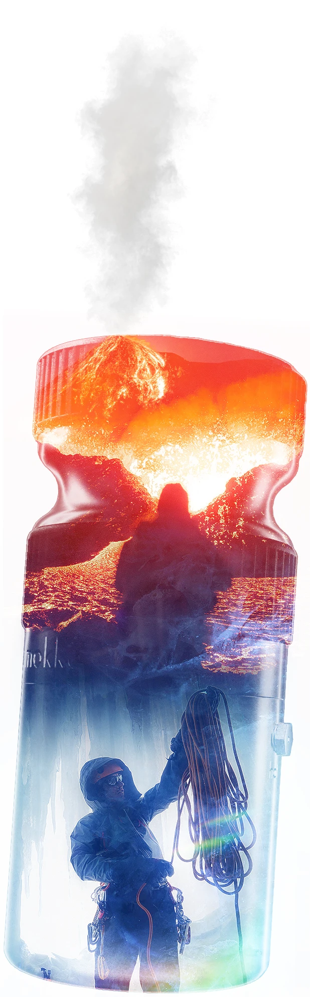 mokka to go stove top coffee maker with double exposure hot and cold adventurer and explorer in ice and fire environment. Vulcano, cave.