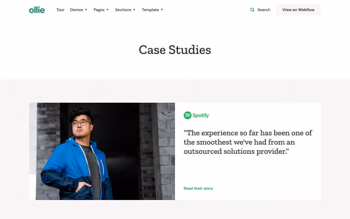 Website case study section showing a man in a blue jacket and a Spotify testimonial quote.