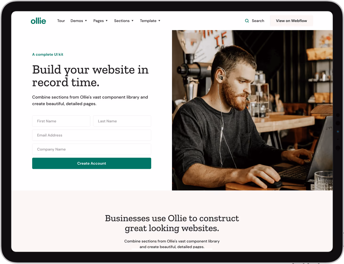 Website signup form on left and man with headphones working on laptop in a cafe on right.