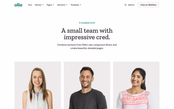 Website header with title about a small team and photos of three smiling team members below.