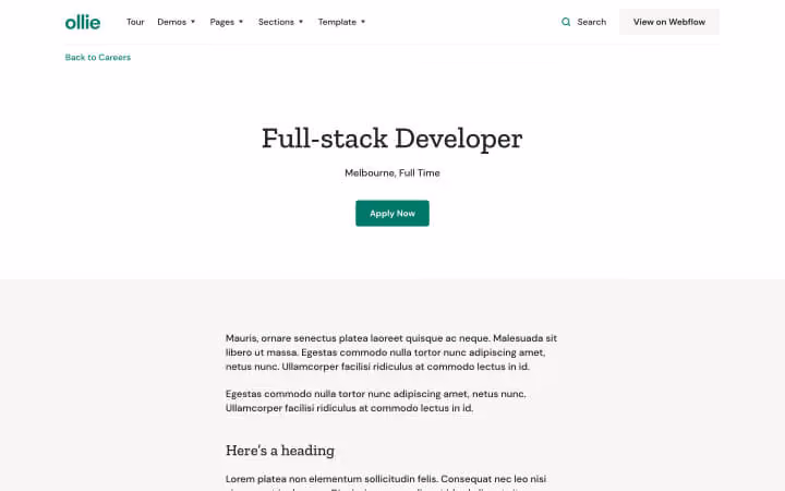Job listing for Full-stack Developer in Melbourne with an Apply Now button and job description text.
