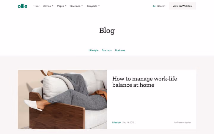 Person reclining on couch with legs stretched out, accompanying blog titled managing work-life balance at home.