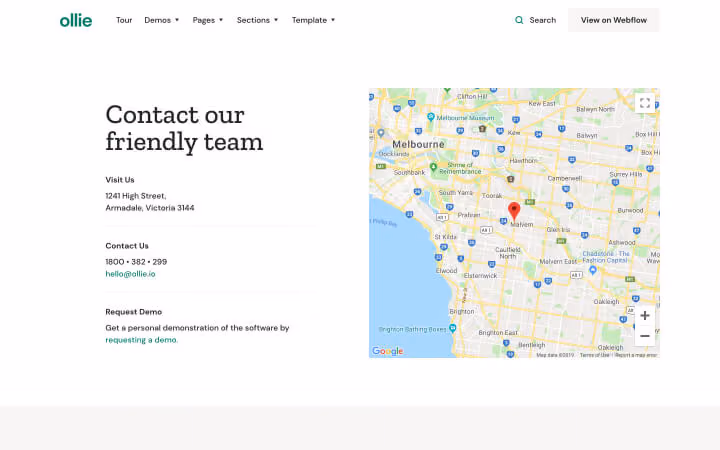 Contact page with address, phone, email, demo request info and a map showing Melbourne, Australia.