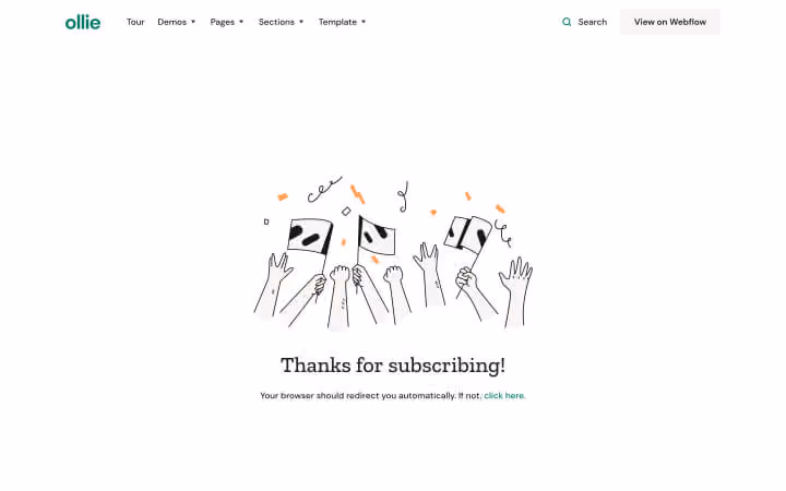 Illustration of raised hands holding flags with question marks and exclamation marks, and text thanking for subscribing.