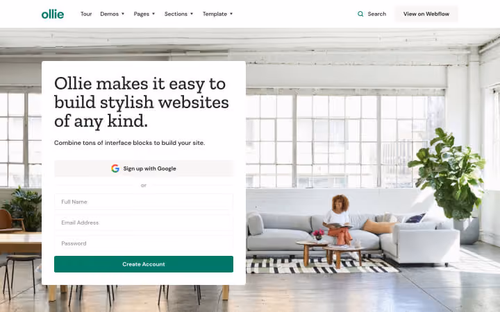 Sign-up form for Ollie website builder with a woman sitting on a couch in a bright modern room.