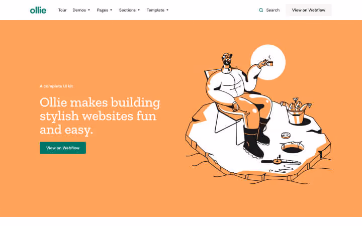 Illustration of a man relaxing on a chair holding a cup, next to text about Ollie website builder.