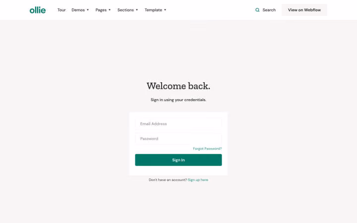Website login page with welcome message, email and password fields, and a green sign-in button.