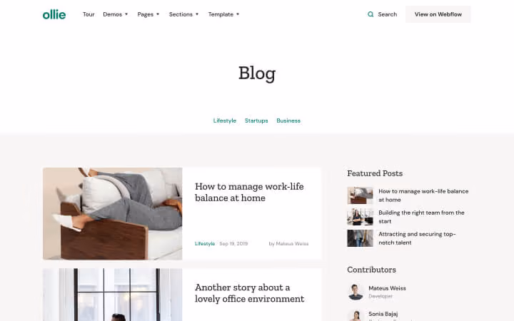 Blog webpage showing posts on work-life balance and office environment with contributor and featured post lists.