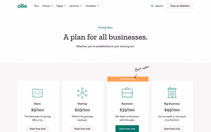 Pricing plans for businesses showing four options: Basic $9, Startup $29, Business $39 recommended, Big Business $49 monthly.