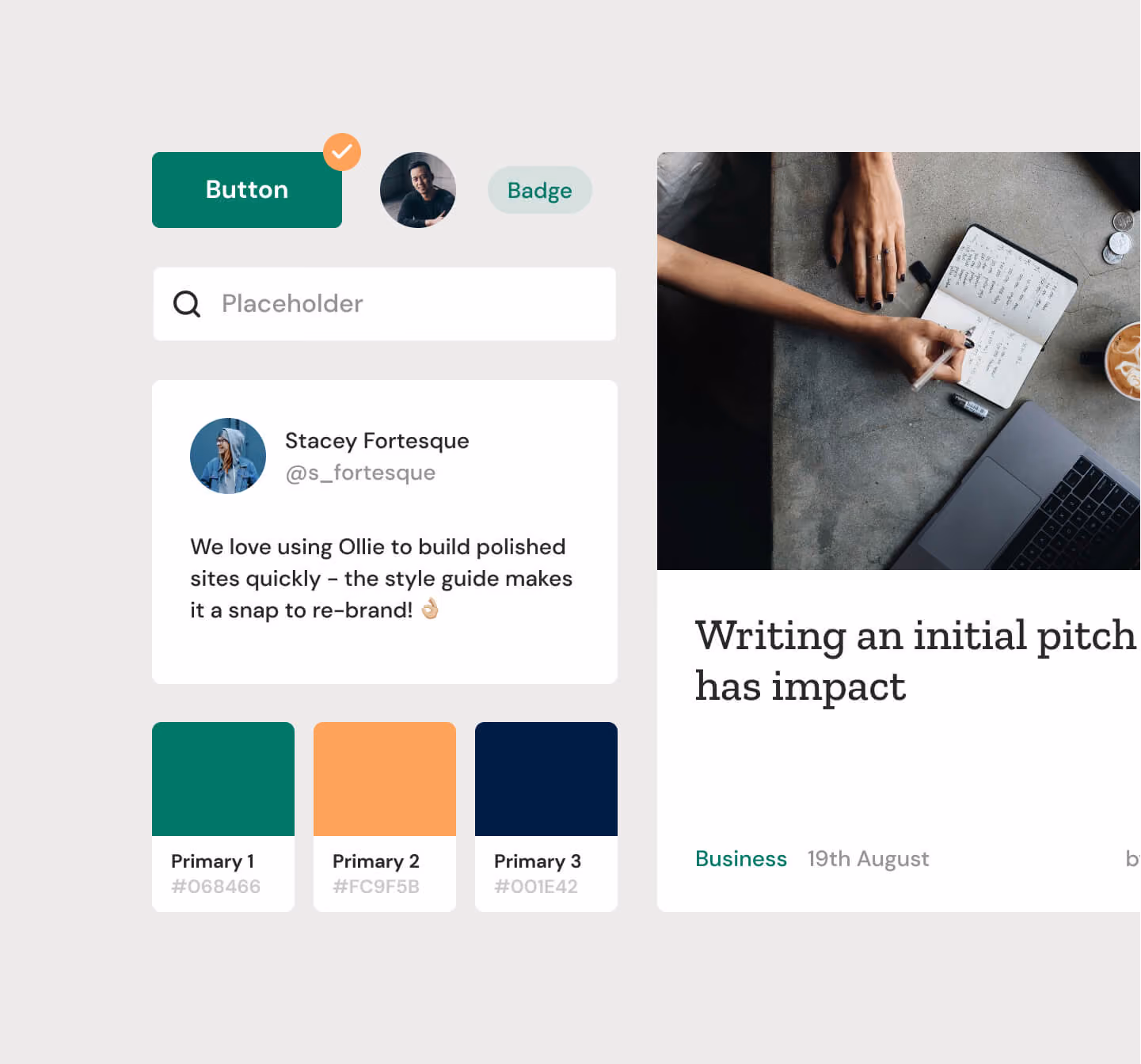 UI style guide with button, badge, search, user comment, color swatches, and part of an article layout.
