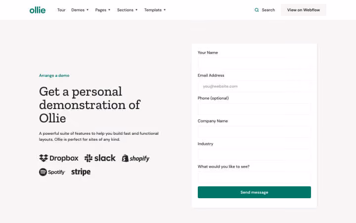 Contact form on Ollie page to arrange a demo with fields for name, email, phone, company, industry, and message.