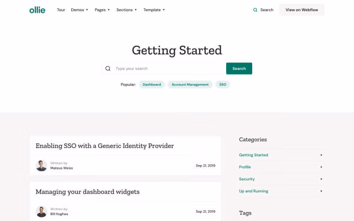 Webpage titled Getting Started with search bar, popular tags, article list, and category links on a help center.