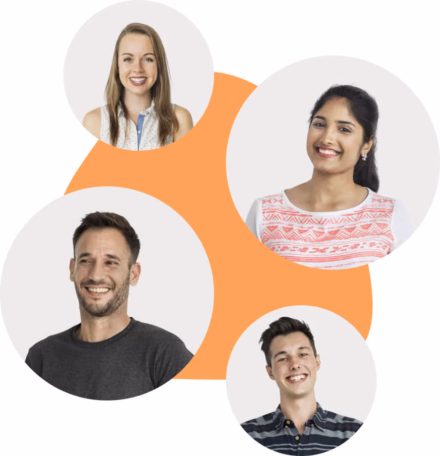 Collage of four smiling adults in circular frames with an orange abstract shape behind them.