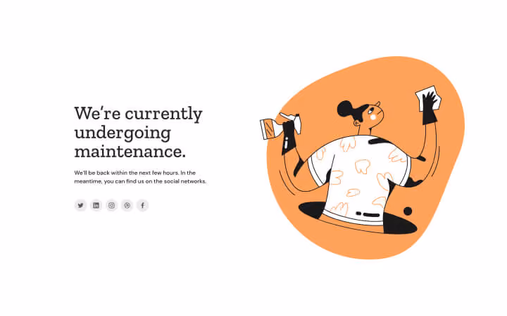 Illustration of a person cleaning windows and text about undergoing maintenance and social media icons.