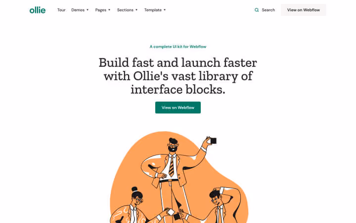 Website header showing Ollie UI kit for Webflow with illustration of three business people interacting below text.