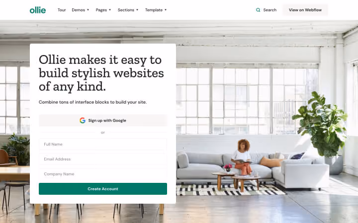 Modern bright room with large windows, a woman reading on white sofa, and a signup form for stylish websites.