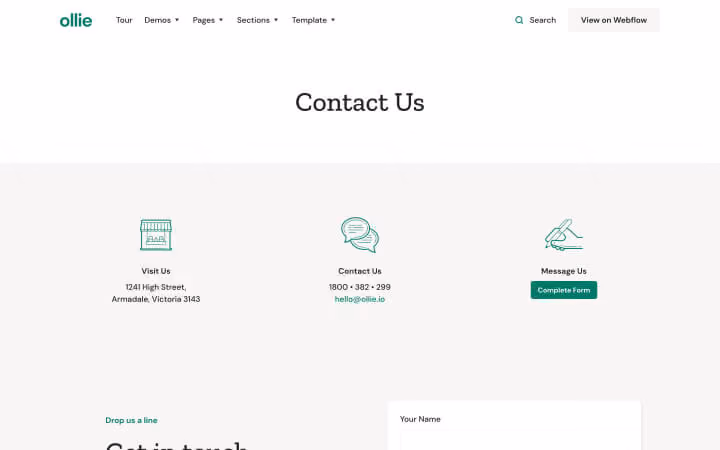 Website contact section with options to visit, call, email, or message via form on a clean layout.