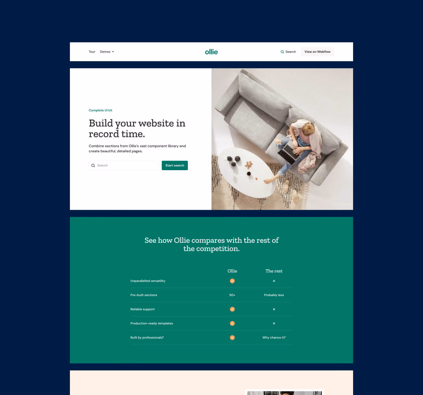 Website homepage with search bar, overhead view of person on couch using laptop, and comparison table of features.