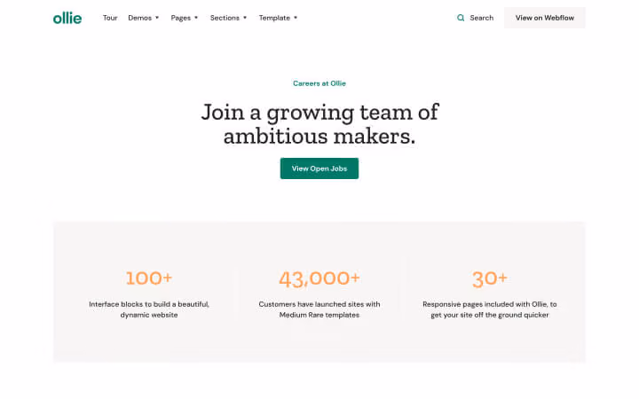 Webpage section inviting to join Ollie's ambitious team with stats on interface blocks, customers, and responsive pages.
