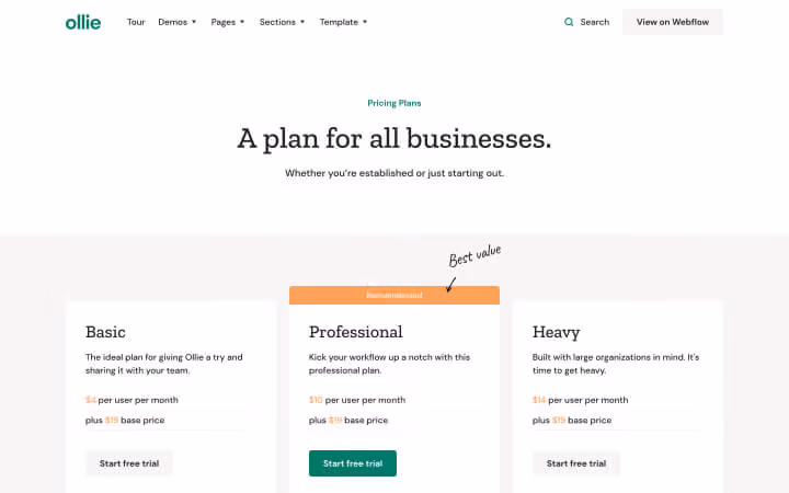 Pricing plans showing Basic, Professional (best value), and Heavy options with monthly prices and free trial buttons.