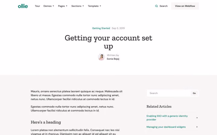 Web page titled 'Getting your account set up' by Sonia Bajaj with article content and related links.