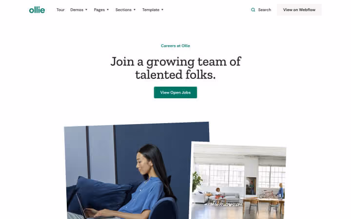 Website career page with slogan, button, and photos of a woman on laptop and a modern office space.