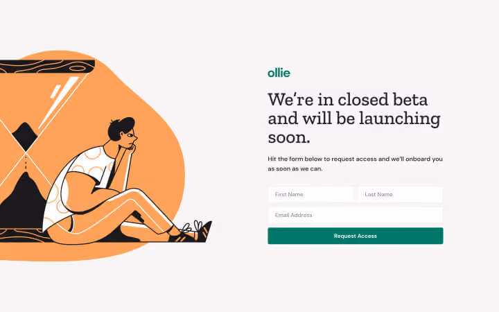 Illustration of a person sitting next to an hourglass with text about closed beta access form for Ollie.