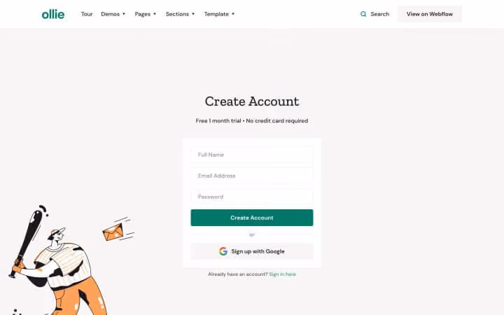 Website signup page with Create Account form and illustration of baseball player swinging bat at envelope.