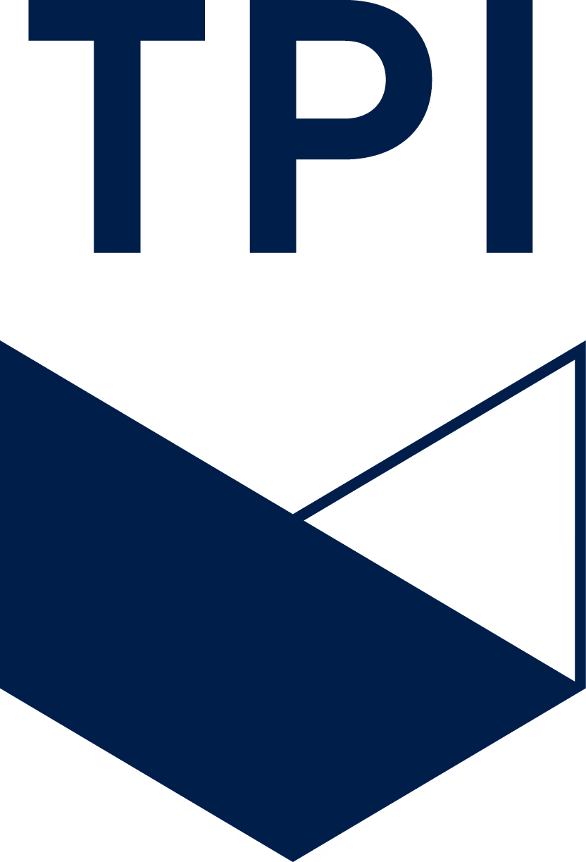 Logo with large navy letters TPI above a navy geometric shape resembling an open box.