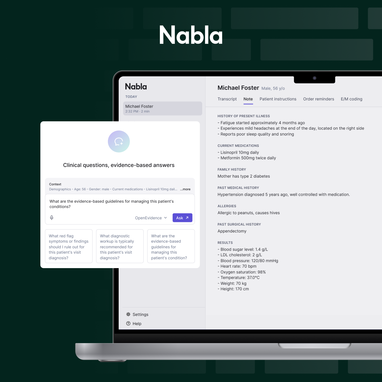 Nabla note with the OpenEvidence Clinical questions panel open beside it