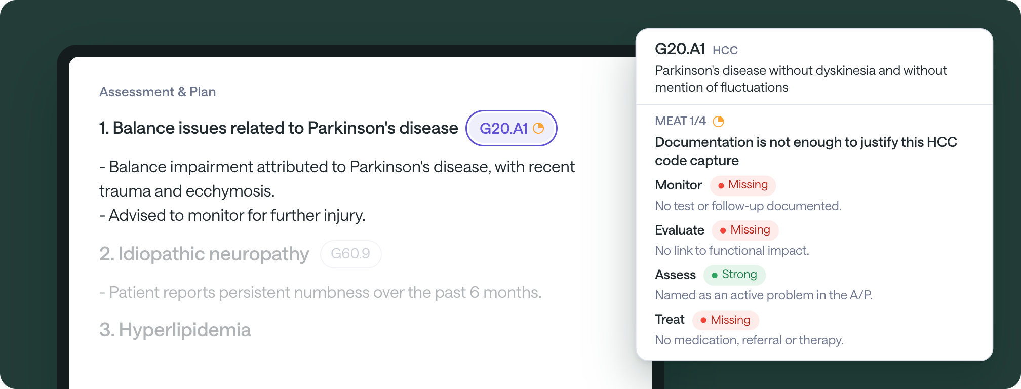 Nabla HCC coding view showing a G20.A1 Parkinson's disease code and its MEAT criteria, with Monitor, Evaluate and Treat flagged as missing.