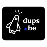 Logo d'une fusée dessinée en blanc avec le texte dups.be sur fond noir.