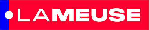 Logo du journal belge La Meuse avec lettres blanches sur fond rouge et bande bleue à gauche.