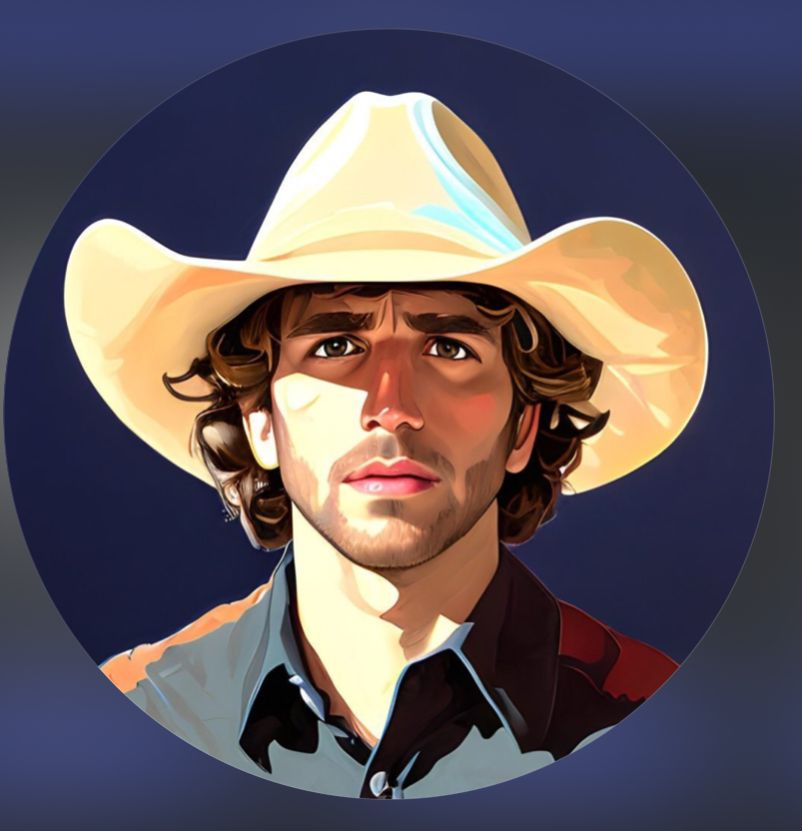 Portrait stylisé d'un homme portant un chapeau de cowboy blanc et une chemise sombre, avec un fond bleu foncé.