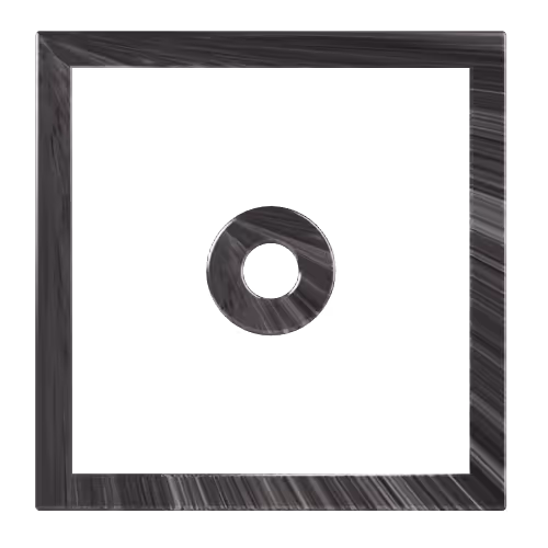 Black square frame with textured edges enclosing a smaller black circle with a hollow center.