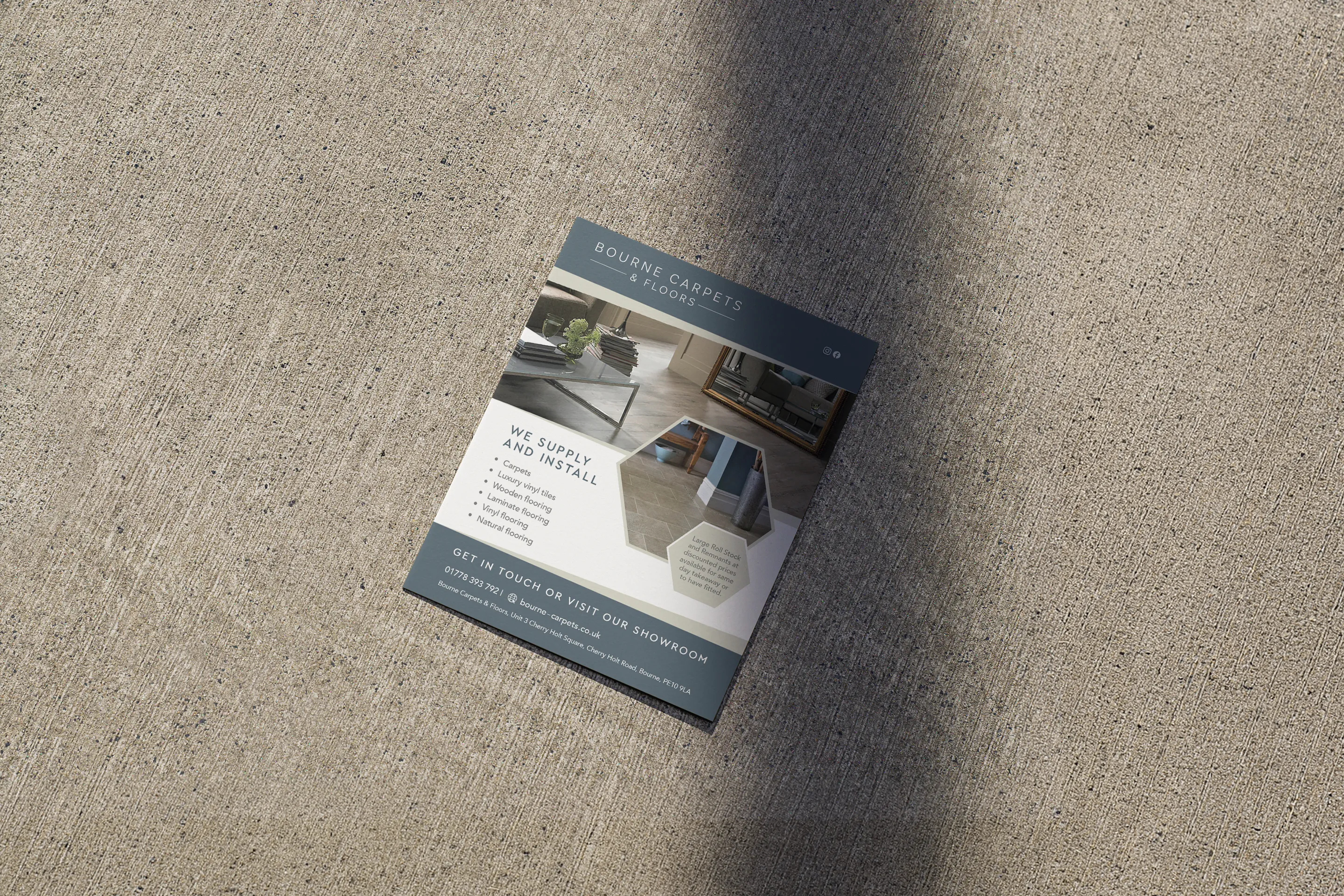 flyer design for flooring company displayed on the floor