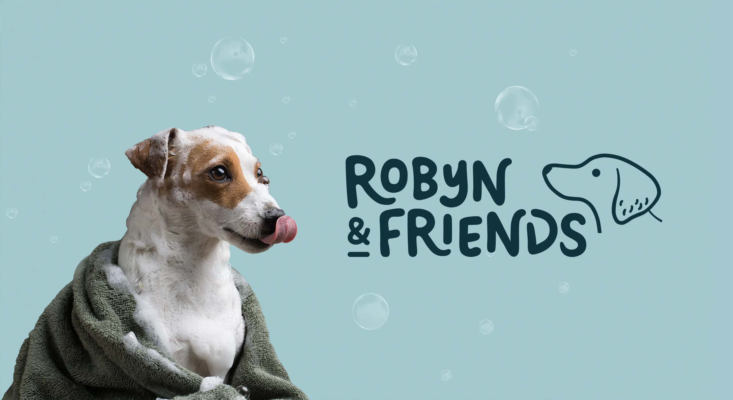 robyn and friends logo design alongside dog wrapped in towel