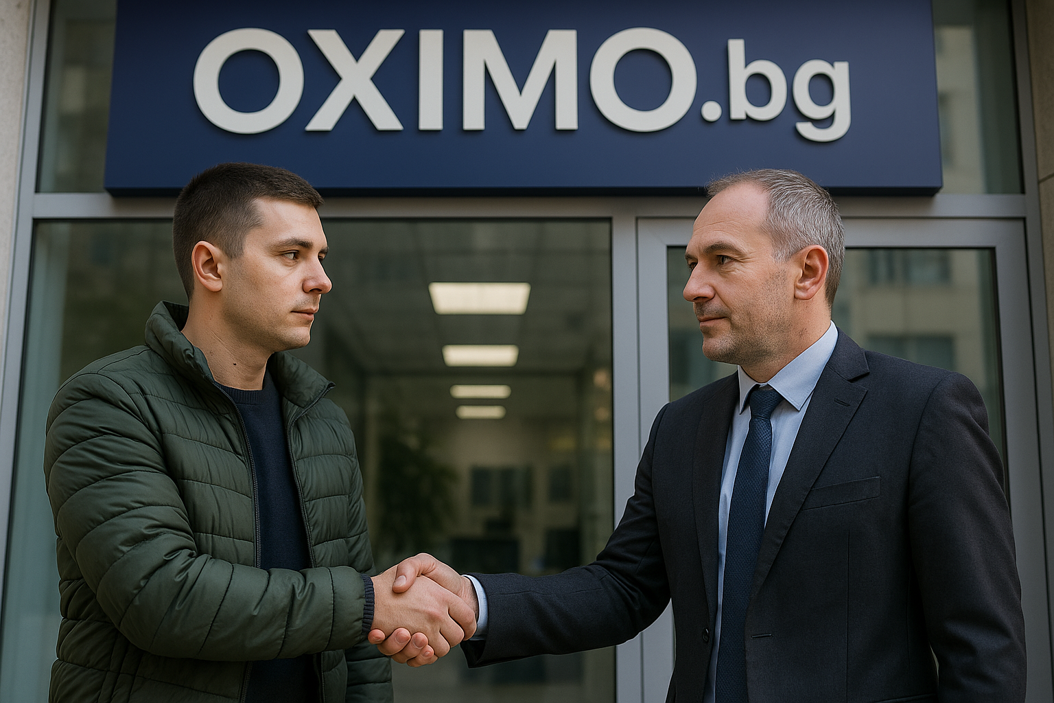 Брокер на Oximo.bg и доволен клиент след анализ на Loan-To-Value | Изображение, генерирано с изкуствен интелект.