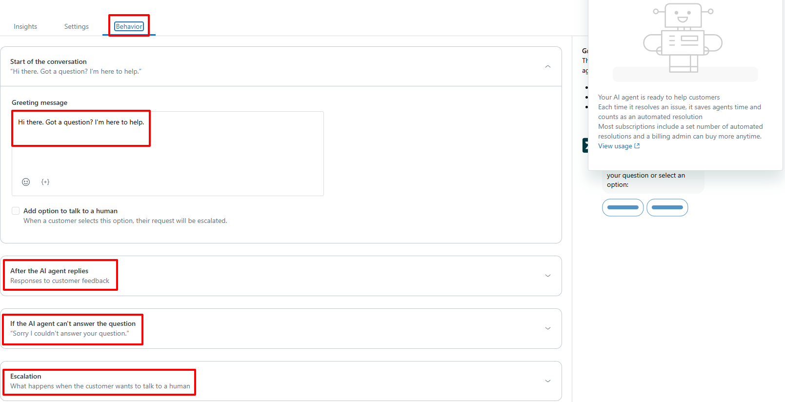 AI agent behavior settings