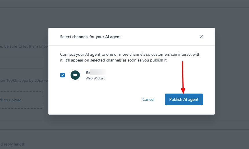 A screenshot showing options to publish an AI agent