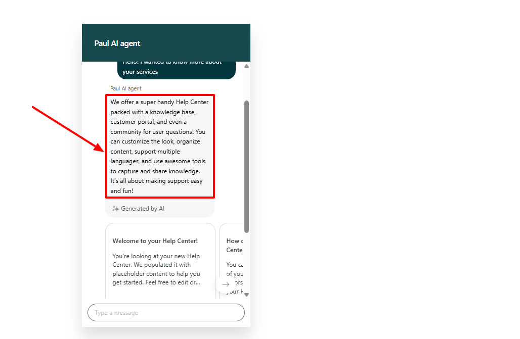 A screenshot showing an AI agent 's explanation of help Center